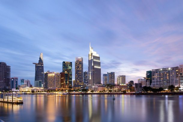 View of part of the Ho Chi Minh City skyline at sunset in Vietnam